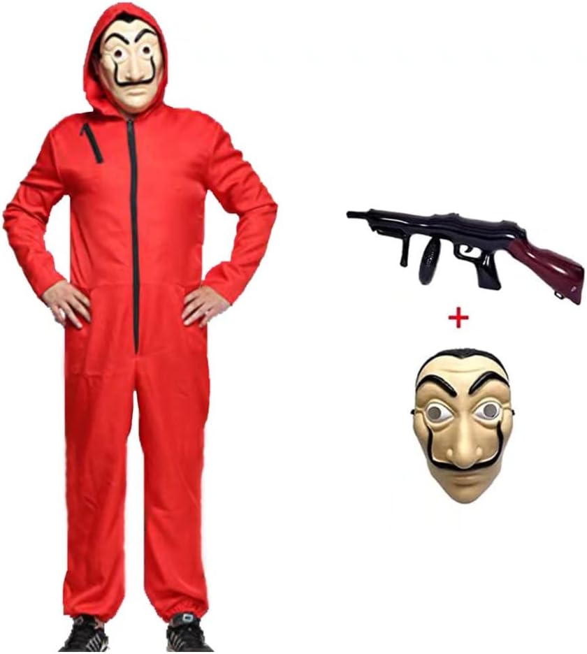 Anxicer Halloween Costume Bank Robber Jumpsuit for Carnival Thief Costume Jumpsuit Red Long Sleeve Romper with Hood, Cosplay Set Mask and Machine Gun Carnival Costume….