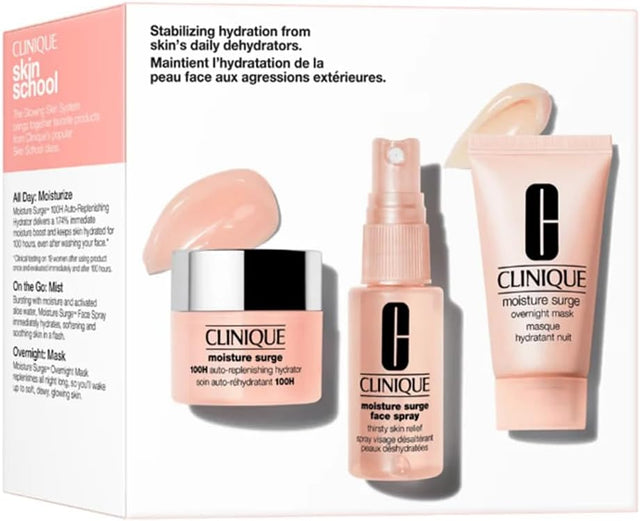 Clinique Moisture Surge Skincare Set, 100H Auto-Replenishing Hydrator 15 ml + Face Spray Thirsty Skin Relief 30 ml + Overnight Mask 30 ml.