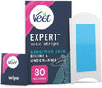 Veet Expert Bikini Wax Strips, 30 Strips + 3 Finish Wipes, Underarm Wax Strips, Brazilian Wax Strips, Sensitive Wax Strips, Almond Oil, Dermatolgically Tested, Waxing, Hair Removal.