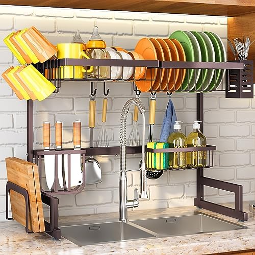 SNTD Over The Sink Dish Drying Rack, 2 Tier Dish Rack Drainer Adjustable (26.8&#34; to 34.6&#34;) for Kitchen Counter Organization and Storage with Utensil Sponge Holder Sink Caddy, Deep Brown