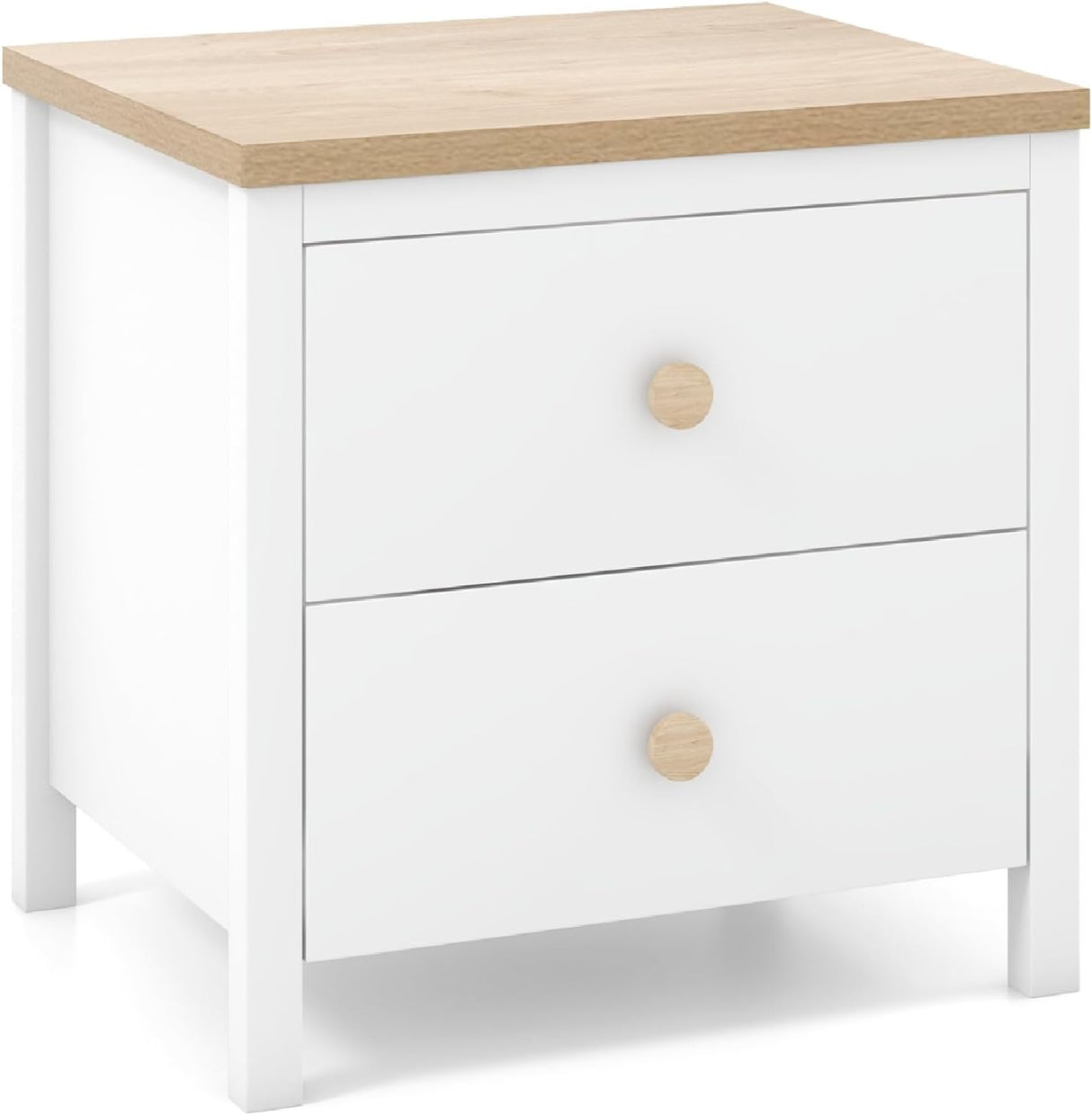 COSTWAY Bedside Table, 2-Drawer Nightstand Sofa Side Table with Storage and Solid Rubber Wood Legs, Compact Bedside Cabinet Accent End Table for Living Room Bedroom, 55x45x55cm (1, White).