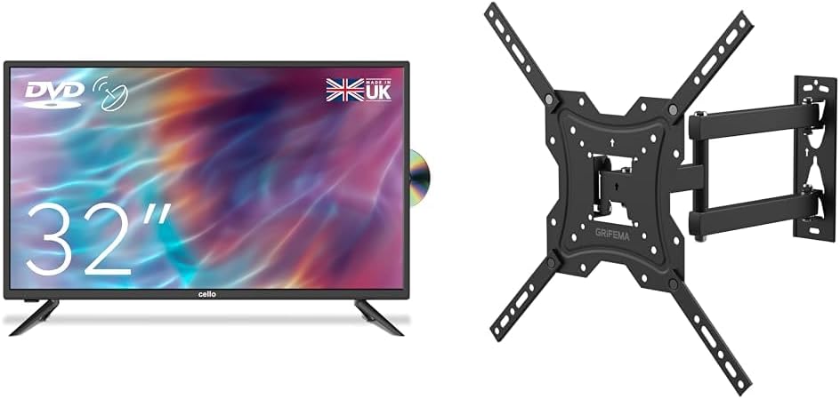 Cello ZF0223 32" inch HD Ready LED TV with built in DVD player with Freeview HD Built in Satellite & GRIFEMA GB1004 Swivel TV Wall Bracket, for 26-55 inch Screens, for Flat & Curved TV up to 30KG.