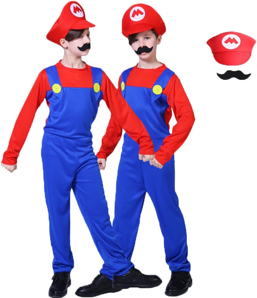 IDOTTA Halloween Plumber Costume Outfits for Kids Adult Unisex Cosplay Fancy Dress up with Bros Hats Cap Mustaches Halloween Cosplay Carnival.