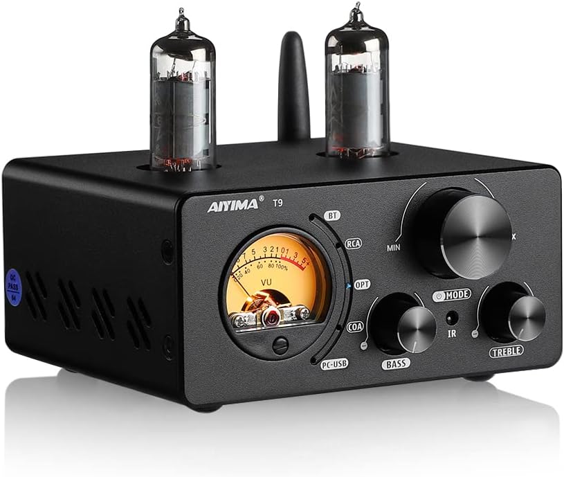 Upgraded AIYIMA T9 Bluetooth 5.0 6K4 Vacuum Tube Amplifier 2.0 Channel TPA3221 USB DAC 100Wx2 Stereo Receiver Amp COAX/OPT HiFi Home Audio Digital Amplifiers with VU Meter.