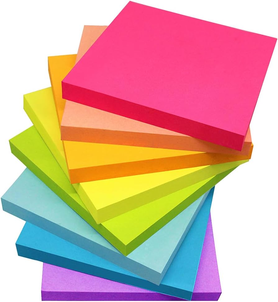 8 Pads - 3 in x 3 in Sticky Notes, 8 Colors Post Self Stick Notes Pads Bright Stickies Colorful Super Sticking Memo Pads，for Office, Home, School, Meeting, Strong Adhesive, 82 Sheets/pad