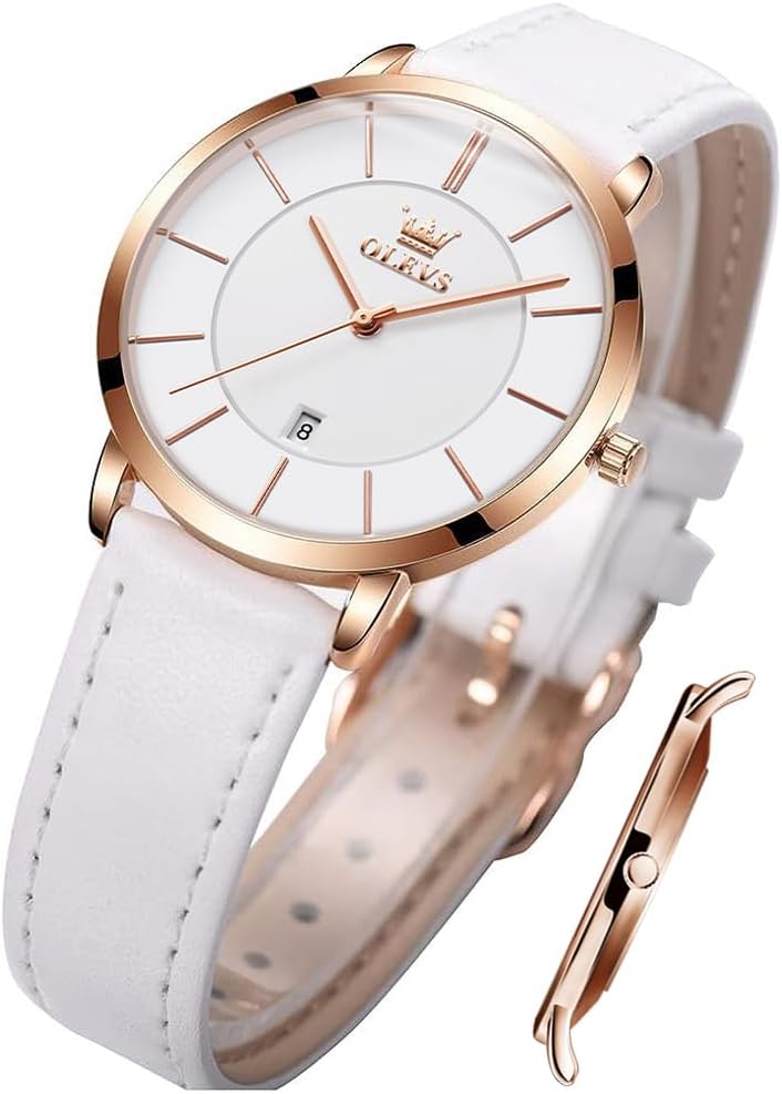 OLEVS Ladies Quartz Watch Minimalist Casual Ultra-Thin Design & Leather Strap & Waterproof & Date Elegant Watch.