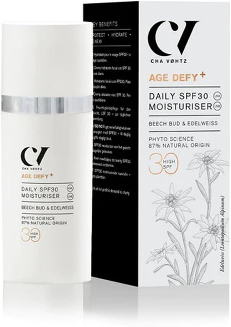 Age Defy+ Daily SPF30 Moisturiser 30ml | Natural & Organic Anti-Ageing SPF Face Cream by Cha Vøhtz | Facial Sunscreen for Mature Skin | Paraben Free & Ethyl Alcohol Free | Cruelty Free & Vegan.