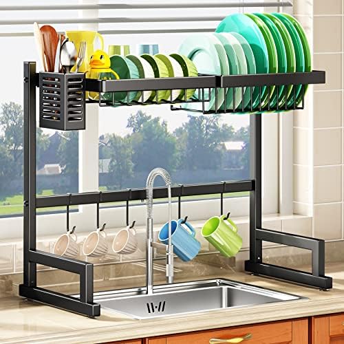 SNTD Over The Sink Dish Drying Rack, 2 Tier Dish Rack Drainer Adjustable (26.8&#34; to 34.6&#34;) for Kitchen Counter Organization and Storage with Utensil Sponge Holder Sink Caddy, Deep Brown