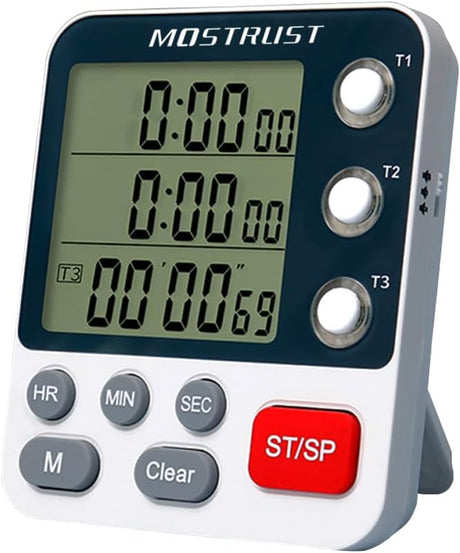 MOSTRUST Digital Dual Kitchen Timer, 3 Channels Count UP/Down Timer, Triple Cooking Stopwatch Timer, Large Display, Loud Volume Alarm and Flashing Light with Magnetic Back, Battery Included (318).