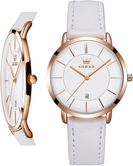 OLEVS Women Wrist Watches Ultra Thin 6.5mm Minimalist Business Dress Waterproof & Date & Leather Strap Slim Watches for Women.