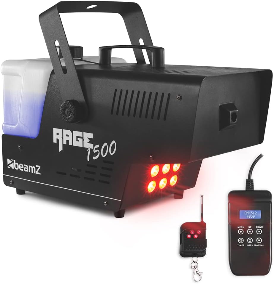 beamz Rage1500LED 1500w Smoke Machine with Timer Control Red Green Blue LED Lights DJ Disco Party.