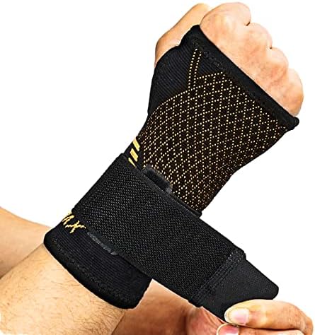 INDEEMAX Wrist Support Sleeve 1 Pair, High Copper Infused Compression Brace with Thumb Loop, Left/Right Palm Hand for Carpal Tunnel, Arthritis, Tendonitis, Pain Relief, Sport Black, M.