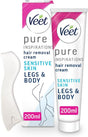 Veet Hair Removal Cream, 200ml, Veet Pure Sensitive Skin Hair Removal Cream, Leg Hair Removal, Depilatory Cream, Smooth Skin, Exfoliating, Hydrating, Hair Removal.