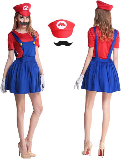 IDOTTA Halloween Plumber Costume Outfits for Kids Adult Unisex Cosplay Fancy Dress up with Bros Hats Cap Mustaches Halloween Cosplay Carnival.