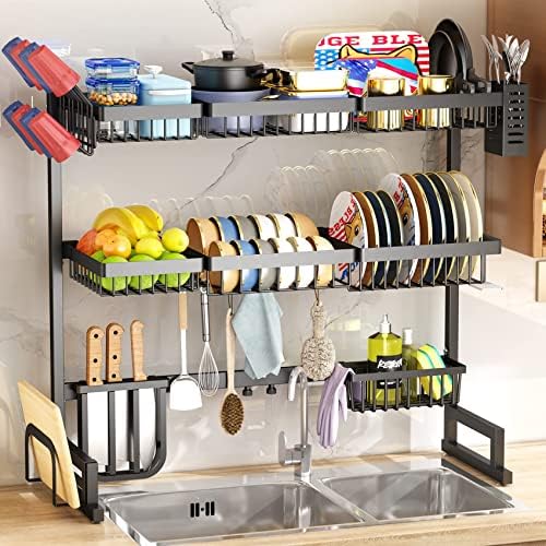 SNTD Over The Sink Dish Drying Rack, 2 Tier Dish Rack Drainer Adjustable (26.8&#34; to 34.6&#34;) for Kitchen Counter Organization and Storage with Utensil Sponge Holder Sink Caddy, Deep Brown