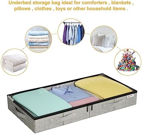 Underbed Storage, Under Bed Storage Box with Lid, Under Bed Storage Bags with Sturdy Sidewalls/Bottom for Clothes, Duvets, Comforters, Blanket, Bedding. Reinforced Handle with PVC Window, 2Pack