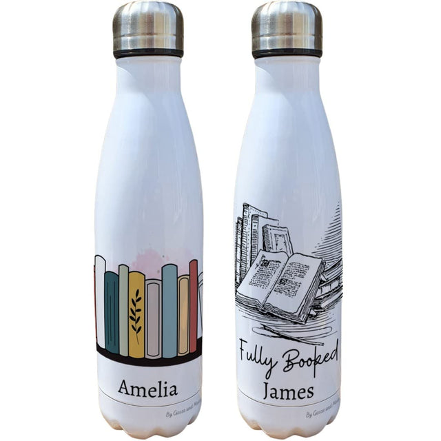 Reading Hobby Insulated Bottle Personalised - Gift for Literature Lovers - Personalised Writing Thermal Flask - Stainless Steel Water Bottle (Open book).