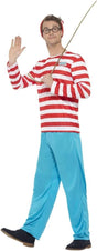 Smiffys Where's Wally Costume, Adults Red & White Top, Trousers, Hat & Glasses, Official License Outfit with Elasticated Trouser Waist, Perfect for Themed Parties or World Book Day or Halloween.