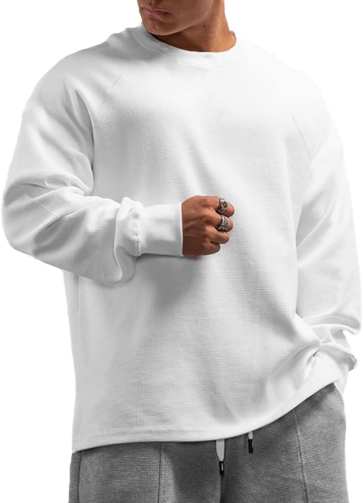 Muscle Alive Men's Basic Long Sleeve Waffle Sweatshirt Loose Fit Workout Pullover Crewneck Shirt White M.