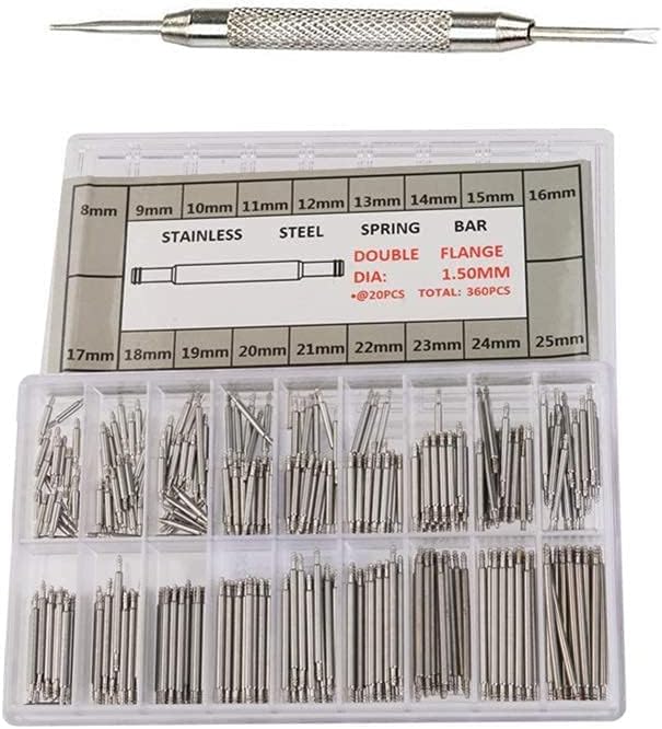 Watch Spring Pins,360 pcs Watch Band Link Pins with 1 pcs Remover Repair Tool Stainless Steel Watch Strap Repair for Watchmaker 8-25mm Silver.