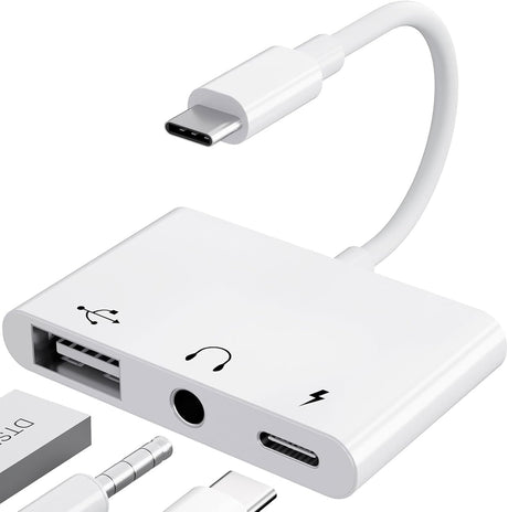 【3 in 1】 USB C to 3.5mm Jack Headphone Adapter with Charger OTG Cable Adapter, Type C to Aux Audio Earphones Splitter for Samsung Galaxy S22 Ultra S21 S20 I-Pad Pro Air Pixel 4 Laptops (White).