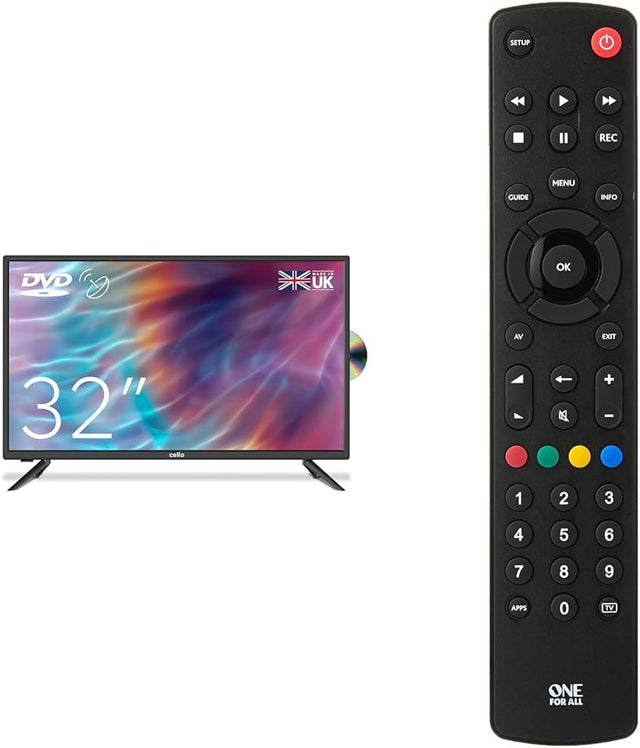 Cello ZF0223 32" inch HD Ready LED TV with built in DVD player with Freeview HD Built in Satellite & One For All URC1210 Contour Universal Control of TV/Smart TV - Guaranteed to work.