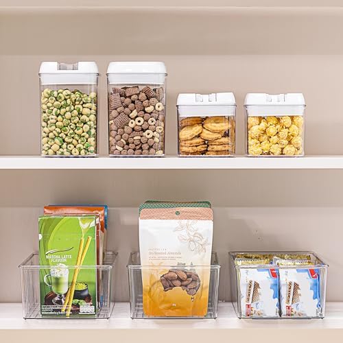 Vtopmart 2 Pack Food Storage Organizer Bins, Clear Plastic Bins for Pantry, Kitchen, Fridge, Cabinet Organization and Storage, 4 Compartment Holder Packets, Snacks, Pouches, Spice Packets