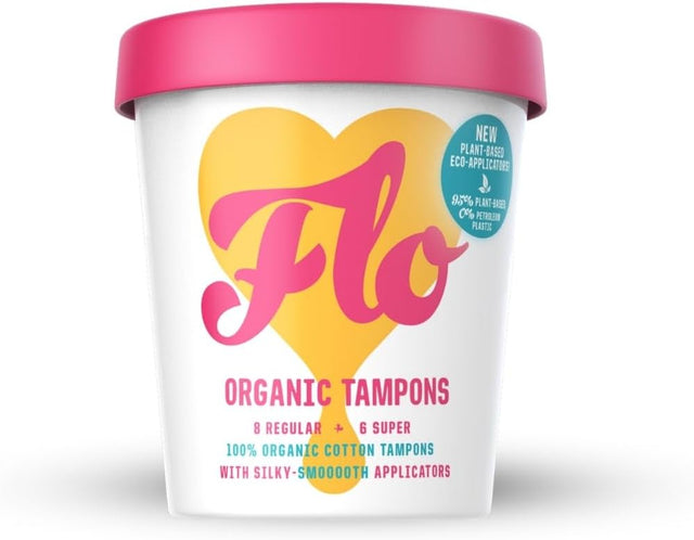 FLO Applicator Tampons, Made from Organic Cotton, Biodegradable, Regular and Super Combo Pack, 14 Count (Pack of 1).