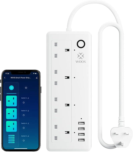 WOOX Smart Power Strip, WiFi Plug Smart Outlets Extension Lead 1.5M with 4 Separate Controllable AC Outlets and 4 USB Port, Compatible with Alexa, Google Home, Timer, Voice/Remote Control,2.4GHz WiFi.