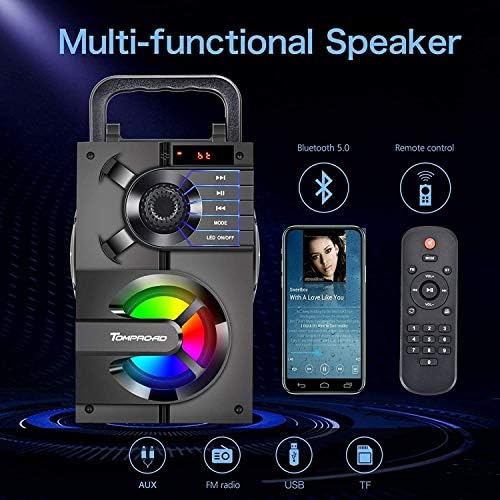 Portable Bluetooth Speakers with Subwoofer Wireless Stereo Sound Rich Bass, Outdoor Party Speaker Support Remote Control FM Radio LED Lights for Home, Travel, Camping