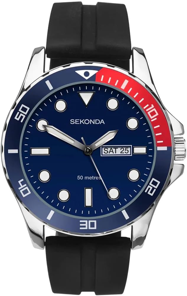 Sekonda Balearic Mens 44mm Quartz Watch with Analogue Day/Date Display, and Rubber Strap.