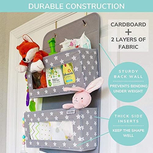 Vesta Baby Over Door Hanging Organiser with Hooks - Unisex Space Saving 4 Pocket Storage for Bathroom, Children's Room, Nursery - Clear Window Caddy Hanger - 2 Small Items Utility Pockets