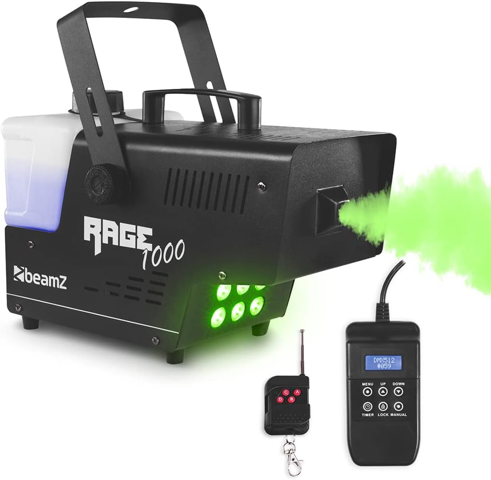 beamz Rage1500LED 1500w Smoke Machine with Timer Control Red Green Blue LED Lights DJ Disco Party.