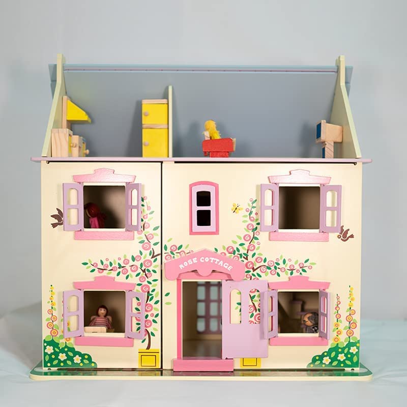 DecoBay Wooden Dolls House and Furniture Bedroom, Kitchen, Bathroom and Living Room with Family Dolls (3 Storey Dollhouse and 26 Pcs Furniture + 6 Dolls).