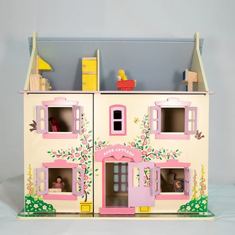 DecoBay Wooden Dolls House and Furniture Bedroom, Kitchen, Bathroom and Living Room with Family Dolls (3 Storey Dollhouse and 26 Pcs Furniture + 6 Dolls).