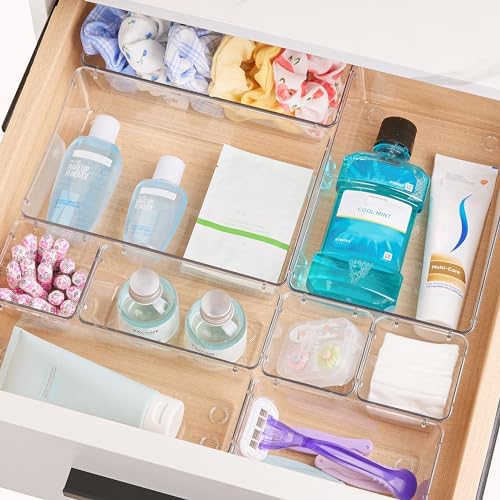 Vtopmart 60 Pack Drawer Organiser, 4-Size Clear Plastic Drawer Organiser Bins Containers for Bathroom and Vanity Storage, Home Organization for Makeup, Kitchen Utensils