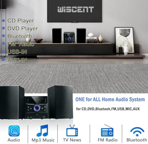 WISCENT Hi-Fi Compact Stereo Systems with Bluetooth, FM Radio,CD Player,Micro DVD Player for Home,USB-MP3 Playback,AUX,MIC,Remote Control,30W, Hi Fi Music System,DSP-Tech