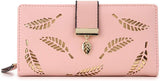 Molylove Women's Leather Wallet Purse Hollow Leaf Pattern Zipper Handbag Button Clutch Bag (Pink).