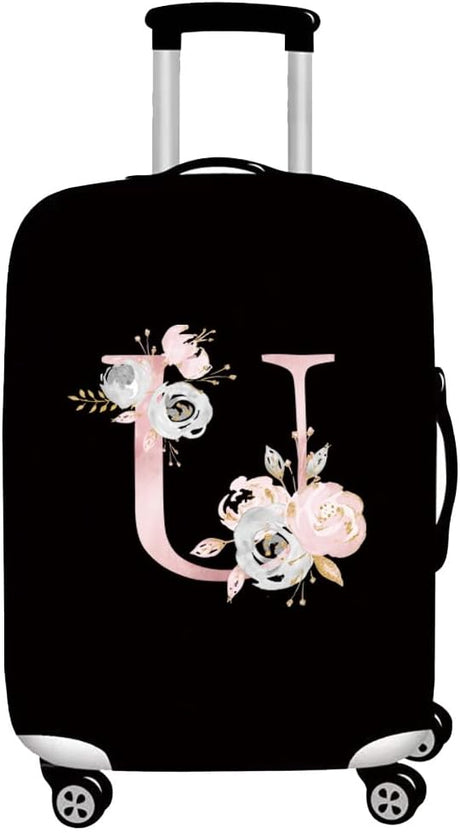 initial letter Printed Design Travel Trolley Case Cover Protector Washable Suitcase Cover Luggage Storage Covers for 18-28 Inch Luggage Cover (L (26-28 inch Luggage), Pink Flower S).