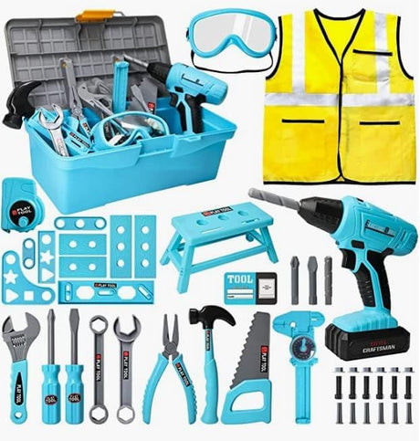 LOYO Kids Tool Set 50 Pcs Kids Construction Toys with Vest, Tool Box with Electric Drill Toy, Pretend Play Kids Toys for Boys Age 3 4 5 6 Years Old.