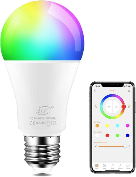 iLC Colour Changing LED Light Bulb E27 RGBW Controlled by APP, Sync to Music, Dimmable Multi-Color 60 Watt Equivalent.