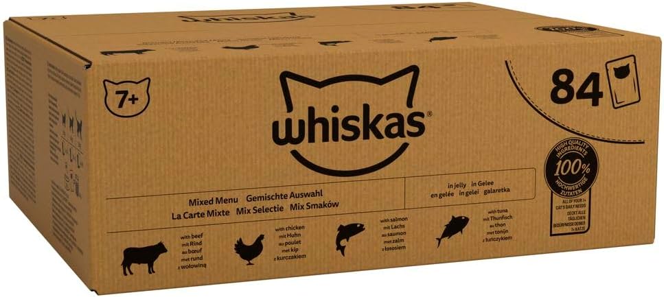 Whiskas 7+ Senior Mixed Selection in Jelly 84 Pouches, Senior Wet Cat Food, Megapack (84 x 85 g)