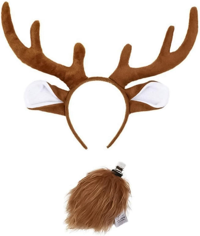 JNAWA 2Pieces Reindeer Cosplay Costume Set Reindeer Antlers Headband Tail Cute Animal Fancy Dress Accessory for Festive Holiday Party Supplies.