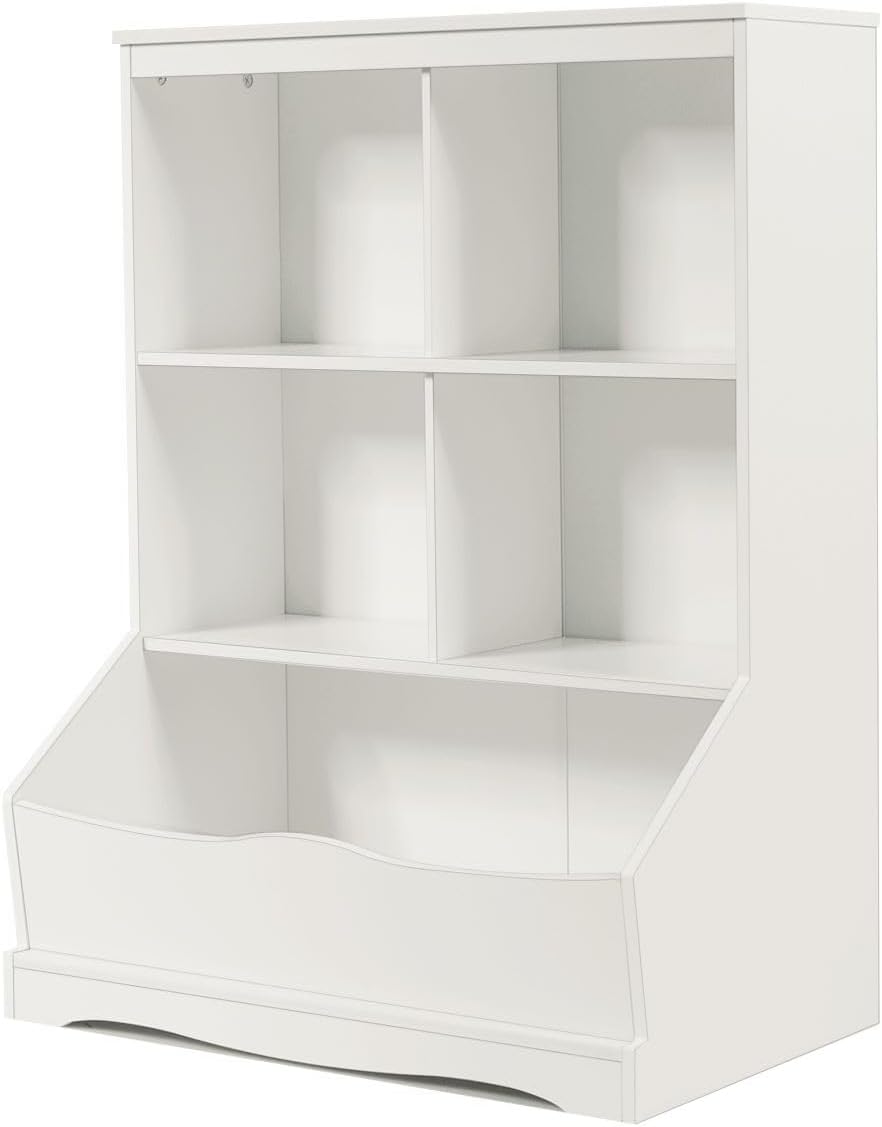 Maxmass Kids Toy Organizer, Wooden Children Bookcase with Shelves and Compartments, Free Standing Toddlers Storage Unit for Study, Playroom, Bedroom, Kindergarten (White).