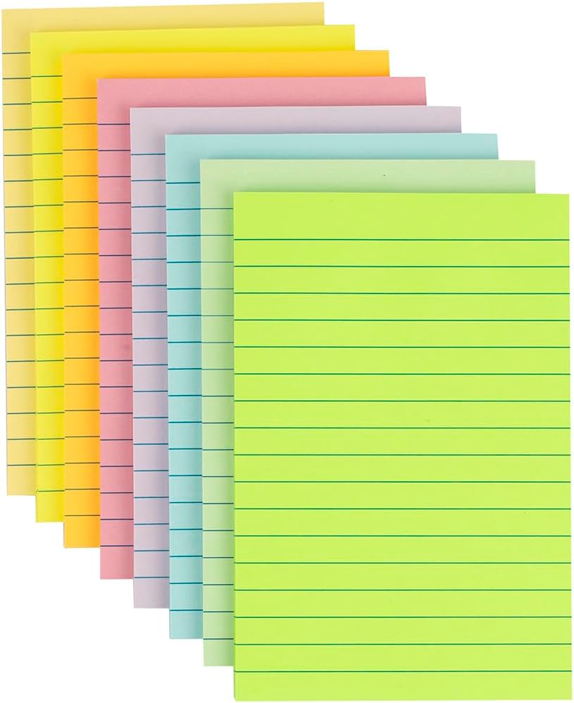 8 Pads - 4X6 in Lined Sticky Notes,8Colors Post Self Stick Notes Pads, Pastel Stickies Colorful Super Sticking Memo Pads,Strong Adhesive, 45 Sheets/pad, 360 Sheets Total