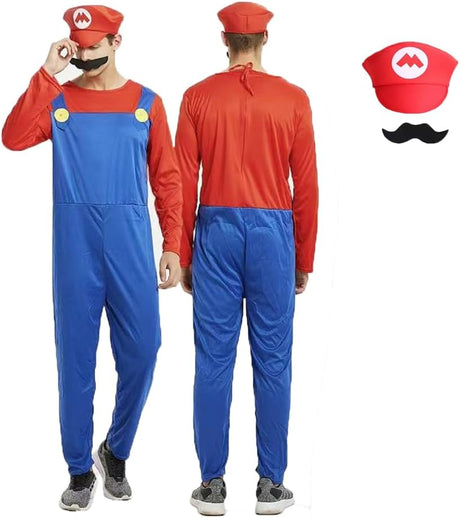 IDOTTA Halloween Plumber Costume Outfits for Kids Adult Unisex Cosplay Fancy Dress up with Bros Hats Cap Mustaches Halloween Cosplay Carnival.