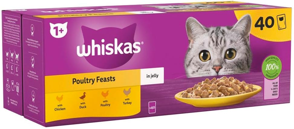 Whiskas 1+ Adult Poultry Selection in Jelly 40 Pouches, Adult Wet Cat Food, Megapack (40 x 85 g)