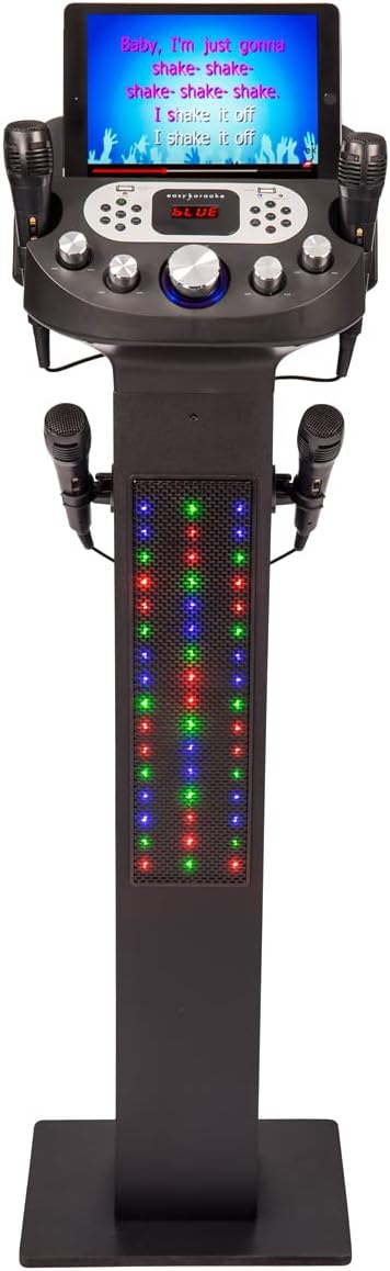 Easy Karaoke EKS828-BT Bluetooth Pedestal Karaoke System with Built-in-speakers, 90W Peak music Power Output, LED Lights, Disco Ball and 2 microphones.