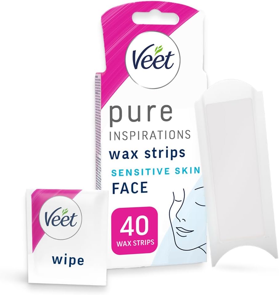 Veet Pure Cold Wax Strips, Face, Sensitive Skin, 40 Strips, 4 Finish Wipes, Hair Removal, Removes Hair From Root, 28 Days Smoothness, Hypoallergenic Formula (Packaging may vary).