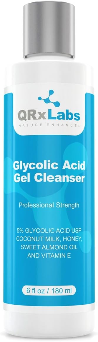 QRxLabs Glycolic Acid Cleanser - Exfoliating Face Wash, Best For Wrinkles, Lines, Acne, Spots & Chemical Peel Prep With Coconut Milk, Honey & Sweet Almond Oil - 1 Bottle Of 6 Fl Oz.